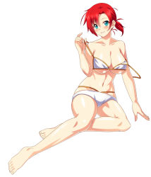 Rule 34 | 1girl, aqua eyes, arm support, bare arms, bare legs, bare shoulders, bikini, blush, boudica (fate), breasts, cleavage, collarbone, fate/grand order, fate (series), fingernails, full body, grin, hair between eyes, hand up, head tilt, holding, holding strap, large breasts, legs, looking at viewer, nakamura tenjin, navel, parted bangs, ponytail, red hair, shiny skin, short hair, short ponytail, simple background, skindentation, smile, solo, stomach, strap pull, strap slip, string bikini, swimsuit, toenails, white background, white bikini