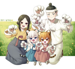 1boy 3girls :d absurdres animal_ears animal_hands black_eyes black_hair blue_eyes blue_skirt blush brown_eyes character_request check_copyright child commentary copyright_request flower full_body gloves grass grey_hair hair_bun hair_ornament hairpin hanbok highres korean_clothes korean_text long_hair looking_at_viewer metaljelly multiple_girls open_mouth orange_hair original outdoors paw_gloves pink_skirt single_hair_bun skirt smile tail teeth tiger_ears tiger_girl tiger_tail translation_request upper_teeth_only yellow_flower