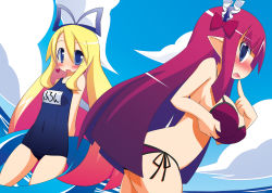 Rule 34 | 2girls, alternate breast size, arms behind back, bikini, blonde hair, blue eyes, blue one-piece swimsuit, blush, bow, breast hold, breasts, cloud, cloudy sky, day, disgaea, earrings, fang, flonne, from side, hair bow, headdress, highres, holding, huge breasts, innertube, jewelry, long hair, looking at viewer, mage (disgaea), maid headdress, miu (pixiv164563), multiple girls, name tag, nose blush, ocean, old school swimsuit, one-piece swimsuit, open mouth, pointy ears, purple bikini, purple hair, red hair, ribbon, school swimsuit, side-tie bikini bottom, sky, small breasts, swim ring, swimsuit