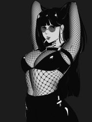 Rule 34 | 1girl, absurdres, armpits, arms up, bodysuit, bra, breasts, breasts day, cigarette, fishnet bodysuit, fishnets, good breasts day, greyscale, hands in hair, high-waist pants, high contrast, highres, hime cut, lips, looking at viewer, medium breasts, midriff, monochrome, navel, o-ring, o-ring top, original, pants, round eyewear, skullworms, smoking, solo, straight hair, sunglasses, underwear