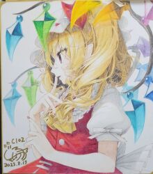 Rule 34 | 1girl, ascot, blonde hair, colored pencil (medium), commentary request, crystal, dated, fang, fang out, finger to mouth, flandre scarlet, frilled shirt collar, frills, gunjou row, hat, hat ribbon, index finger raised, looking ahead, mob cap, multicolored wings, nail polish, profile, puffy short sleeves, puffy sleeves, red eyes, red nails, red ribbon, red vest, ribbon, shikishi, short sleeves, signature, simple background, sleeve ribbon, solo, touhou, traditional media, upper body, vest, white background, white ribbon, wings