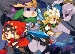 Rule 34 | 2boys, 3girls, armor, armored dress, bare shoulders, blonde hair, blue eyes, bow (weapon), braid, butterfly wings, chain, choker, cornelius (odin sphere), crossbow, crown, dress, fairy, flail, flower, gloves, gwendolyn (odin sphere), hair flower, hair ornament, hood, insect wings, long hair, mercedes (odin sphere), midriff, mota, multiple boys, multiple girls, odin sphere, oswald, pointy ears, polearm, pooka (odin sphere), pteruges, puff and slash sleeves, puffy sleeves, red eyes, short hair, spear, strapless, strapless dress, sword, thighhighs, twin braids, velvet (odin sphere), weapon, white hair, wings