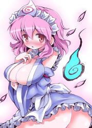 Rule 34 | 1girl, adapted costume, ass, bare shoulders, blue dress, blush, breasts, choker, cleavage, detached sleeves, dress, female focus, frills, ghost, givuchoko, headdress, highres, large breasts, open clothes, open dress, open mouth, petals, pink eyes, pink hair, saigyouji yuyuko, short hair, solo, tears, touhou, triangular headpiece