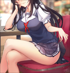 Rule 34 | 1girl, bare legs, bendy straw, black hair, black skirt, blush, breasts, clothes lift, crossed legs, cup, dc (doughertyevans), drinking straw, hand on own cheek, hand on own face, head out of frame, indoors, kasumigaoka utaha, large breasts, lifted by self, lips, long hair, looking at viewer, no legwear, panties, pleated skirt, puffy short sleeves, puffy sleeves, red eyes, saenai heroine no sodatekata, school uniform, short sleeves, sitting, skirt, skirt lift, smile, solo, sweater vest, table, underwear
