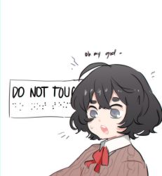 Rule 34 | 1girl, :o, ^^^, absurdres, ahoge, black hair, blind girl (popopoka), braille, brown sweater, commentary, crossed bangs, english text, grey eyes, highres, neck ribbon, neqo (neneneqo), original, parody, red ribbon, ribbon, sign, simple background, solo, sweatdrop, sweater, symbol-only commentary, thick eyebrows, upper body, white background, wing collar