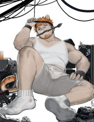 Rule 34 | 1boy, animal ears, bara, belly, foreshortening, head tilt, headband, holding, holding wrench, large pectorals, male focus, mechanic, midriff peek, mouth hold, muscular, muscular male, orange hair, original, pectoral cleavage, pectorals, quirrel (gharnedanshyo), short hair, short shorts, shorts, sitting, socks, solo, tail, tank top, thick thighs, thighs, tiger boy, tiger ears, tiger tail, tool in mouth, white tank top, wire, wrench