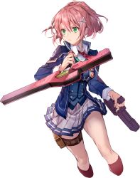 Rule 34 | 1girl, achan (blue semi), blue jacket, blue vest, closed mouth, collared shirt, cropped legs, dress shirt, dual wielding, eiyuu densetsu, green eyes, grey skirt, hair between eyes, hair ornament, holding, holding weapon, holster, jacket, juna crawford, long hair, long sleeves, miniskirt, neck ribbon, open clothes, open jacket, pink hair, pleated skirt, red ribbon, red socks, ribbon, sen no kiseki, shirt, skirt, socks, solo, thigh holster, tonfa, transparent background, v-shaped eyebrows, vest, weapon, white shirt, wing collar, x hair ornament