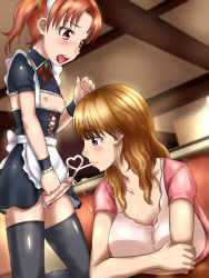 Rule 34 | 2girls, black legwear, blonde hair, blush, breasts, cleavage, cum, drinking straw, futanari, looking down, multiple girls, myu-po, object insertion, open mouth, orange hair, penis, pink eyes, purple eyes, tongue, tongue out, twintails, uncensored, urethral insertion