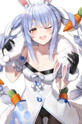 Rule 34 | 1girl, animal ear fluff, bare shoulders, black gloves, black pantyhose, blue hair, blush, breasts, carrot hair ornament, cleavage, don-chan (usada pekora), food-themed hair ornament, gloves, hair ornament, highres, hololive, long hair, looking at viewer, medium breasts, multicolored hair, one eye closed, open mouth, pantyhose, rabbit, simple background, smile, solo, superpig, teeth, thick eyebrows, twintails, two-tone hair, upper teeth only, usada pekora, usada pekora (1st costume), virtual youtuber, white background, white hair