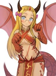 Rule 34 | 1girl, animal hands, blonde hair, blue eyes, blush, bow, breasts, claws, commentary, commission, dragon (monster girl encyclopedia), dragon girl, dragon wings, english commentary, glasses, hair bow, halterneck, highres, horns, long hair, looking at viewer, medium breasts, monster girl, monster girl encyclopedia, navel, nia jones, pelvic curtain, pink bow, pixiv commission, scales, scar, simple background, solo, sookmo, tail, tiara, torc, white background, wings