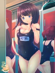 Rule 34 | 3girls, ass, ayachi pbw, black hair, black one-piece swimsuit, blue eyes, blush, breasts, brown hair, cleavage, covered navel, indoors, locker, locker room, long hair, medium breasts, multiple girls, omc, one-piece swimsuit, original, school swimsuit, short twintails, small breasts, standing, swimsuit, twintails, undressing, watermark