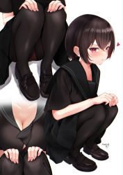 Rule 34 | 1girl, absurdres, bad id, bad pixiv id, black hair, black pantyhose, black sailor collar, black skirt, blush, bra, breasts, cleavage, closed mouth, collarbone, commentary, fingernails, hair between eyes, hands on own knees, heart, highres, kazanock, looking at viewer, medium breasts, multiple views, original, panties, panties under pantyhose, pantyhose, pout, red bra, red eyes, red panties, sailor collar, shoes, short hair, simple background, skirt, squatting, underwear, white background