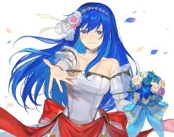 Rule 34 | 1girl, blue eyes, blue hair, bouquet, bride, bride (fire emblem), caeda (bridal) (fire emblem), caeda (fire emblem), closed mouth, dress, fire emblem, fire emblem: mystery of the emblem, fire emblem heroes, flower, holding, holding bouquet, kyufe, long hair, nintendo, outstretched arm, petals, simple background, smile, solo, strapless, strapless dress, upper body, wedding dress, white background, white dress