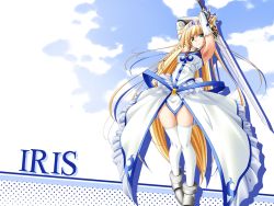 Rule 34 | 1girl, angry, aqua eyes, armor, armored dress, armpits, arms up, belt, blonde hair, blush, boots, bracer, braid, breasts, brooch, character name, cloud, detached sleeves, dress, elbow gloves, fighting stance, fingerless gloves, frills, frown, gloves, iris (princess waltz), jewelry, long hair, princess, princess waltz, pulltop, side braid, sky, solo, standing, sword, takeya masami, thigh gap, thighhighs, thighs, tiara, very long hair, weapon, white thighhighs, zettai ryouiki