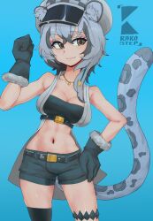Rule 34 | animal ears, arknights, checkered clothes, checkered headwear, cliffheart (arknights), highres, leopard ears, leopard tail, rakostep, snow leopard ears, snow leopard girl, snow leopard tail, tail