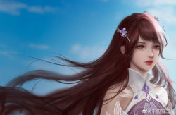 Rule 34 | 1girl, absurdres, bibi dong (douluo dalu), blue sky, collar, douluo dalu, dress, expressionless, from side, hair ornament, hairpin, highres, long hair, looking to the side, qian renxue zhuye, sky, solo, upper body
