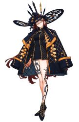 Rule 34 | absurdres, artist request, bare legs, black dress, black footwear, black hat, black jacket, dorothea coyett, dress, earrings, fate/samurai remnant, fate (series), full body, hat, high heels, highres, jacket, jewelry, large hat, leg tattoo, looking at viewer, official art, open clothes, open jacket, red hair, simple background, tattoo, white background