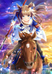 Rule 34 | 1girl, absurdres, animal ears, aura, blue eyes, cheesecake (artist), collarbone, commentary request, creature and personification, grass wonder (racehorse), grass wonder (umamusume), highres, horse, horse ears, horse girl, horseback riding, long hair, looking at viewer, naginata, pantyhose, polearm, real life, riding, sky, umamusume, uniform, weapon