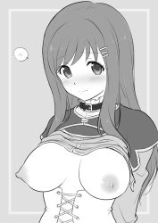 Rule 34 | 1girl, blush, breasts, breasts out, closed mouth, greyscale, hair ornament, hairclip, kiikii (kitsukedokoro), large breasts, long hair, long sleeves, looking at viewer, monochrome, nipples, portrait, solo, sophia esteed, star ocean, star ocean till the end of time, upper body