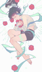Rule 34 | 1boy, androgynous, apple, aqua hair, black hair, black shorts, braid, closed eyes, closed mouth, facing to the side, food, fridaynightcat, fruit, full body, genshin impact, grey background, highres, holding, holding food, long sleeves, low twin braids, male focus, multicolored hair, red apple, shirt, short hair with long locks, shorts, simple background, smile, solo, sparkle, twin braids, venti (genshin impact), white shirt