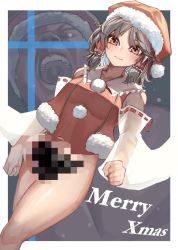 Rule 34 | 1boy, 1girl, black pubic hair, blush, bottomless, breasts, brown eyes, brown hair, censored, closed mouth, commentary request, cookie (touhou), detached sleeves, dutch angle, excessive pubic hair, feet out of frame, female pubic hair, frilled hair tubes, frilled shirt collar, frills, hair tubes, hakurei reimu, hat, highres, looking at viewer, manatsu no yo no inmu, medium breasts, medium hair, merry christmas, mosaic censoring, okasan01, open mouth, pom pom (clothes), pubic hair, red headwear, red shirt, ribbon-trimmed sleeves, ribbon trim, sananana (cookie), santa hat, shirt, sleeveless, sleeveless shirt, smile, takuya (acceed), teeth, touhou, white sleeves