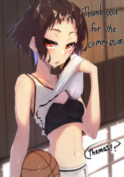 Rule 34 | 1girl, absurdres, ball, basketball, basketball (object), basketball uniform, breasts, brown hair, check commentary, clothes lift, collarbone, commentary, commentary request, commission, eyelashes, gym, highres, hyouka, ibara mayaka, indoors, looking at viewer, navel, orange eyes, parted lips, shirt lift, short hair, sidelocks, signature, skeb commission, sleeveless, small breasts, sports bra, sportswear, stomach, sweat, thomas (aoakumasan), upper body, wiping face, wiping sweat