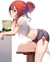 Rule 34 | 1girl, bent over, black shorts, breasts, chips (food), crop top, crop top overhang, food, from side, head rest, long hair, medium breasts, midriff, mingita (ry thae), mouth hold, navel, original, potato chips, red eyes, red hair, ry thae, see-through silhouette, shirt, short shorts, shorts, side slit, sleeves rolled up, solo, stomach, thighs, white shirt