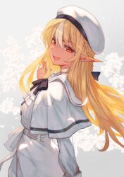 Rule 34 | 1girl, ascot, beret, black ribbon, blonde hair, braid, buttons, capelet, choker, dark-skinned female, dark skin, flower, half-elf, hat, highres, holding, holding hair, hololive, lack, long hair, looking at viewer, multicolored hair, official alternate hairstyle, open mouth, pointy ears, red eyes, ribbon, shiranui flare, shirt, skirt, solo, streaked hair, two-tone hair, virtual youtuber, white capelet, white hat, white shirt, white skirt