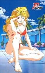 Rule 34 | 1990s (style), 1girl, barefoot, beach chair, bikini, blonde hair, blue eyes, breasts, christine garland, full body, hand on own thigh, hand on own face, knee up, large breasts, long hair, looking at viewer, non-web source, official art, palm tree, poolside, red bikini, retro artstyle, scan, sitting, smile, solo, super real mahjong, swimsuit, tanaka ryou, tree