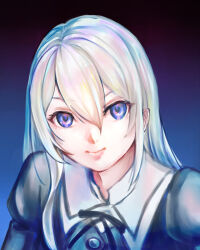 Rule 34 | 1girl, assault lily, black background, black ribbon, blue background, blue eyes, buttons, closed mouth, commentary request, gradient background, grey hair, hair between eyes, juliet sleeves, light smile, long hair, long sleeves, looking at viewer, neck ribbon, nenshuu5man, puffy sleeves, ribbon, rosalinde friedegunde von otto, school uniform, sidelocks, solo, upper body, v-shaped eyebrows, yurigaoka girls academy school uniform