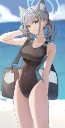 Rule 34 | 1girl, animal ear fluff, animal ears, bag, black one-piece swimsuit, blue archive, blue eyes, breasts, closed mouth, competition swimsuit, cowboy shot, ear piercing, extra ears, grey hair, gya (144), hair ornament, halo, highres, large breasts, looking at viewer, medium hair, official alternate costume, one-piece swimsuit, piercing, shiroko (blue archive), shiroko (swimsuit) (blue archive), shoulder bag, solo, standing, swimsuit, twintails, twitter username, x hair ornament
