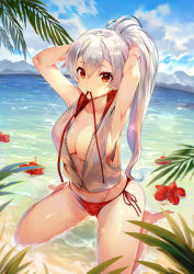 Rule 34 | 1girl, bikini, bikini bottom only, blush, breasts, closed mouth, collarbone, day, fate/grand order, fate (series), hair between eyes, large breasts, long hair, looking at viewer, outdoors, palm tree, ponytail, red bikini, red eyes, side-tie bikini bottom, silver hair, solo, swimsuit, teddy (khanshin), thighs, tomoe gozen (fate), tree