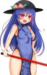 Rule 34 | &gt;:d, 1girl, :d, alternate costume, armpits, bare hips, black hat, blue dress, blue hair, blush, breasts, chinese clothes, colored eyelashes, cowboy shot, daichi (tokoya), dress, food, fruit, hair between eyes, hat, highres, hinanawi tenshi, hip focus, holding, holding sword, holding weapon, leaf, lipstick, long hair, makeup, no panties, open clothes, open mouth, peach, pelvic curtain, print dress, red eyes, simple background, sleeveless, sleeveless dress, small breasts, smile, solo, sword, sword of hisou, tokoya, touhou, v-shaped eyebrows, weapon, white background