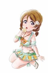 Rule 34 | 1girl, absurdres, brown hair, food, fruitboots, highres, ice cream, koizumi hanayo, love live!, love live! school idol project, medium hair, open mouth, purple eyes, simple background, solo, swimsuit