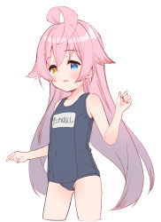 Rule 34 | 1girl, ahoge, bare arms, bare shoulders, black one-piece swimsuit, blue archive, blue eyes, blush, brown eyes, collarbone, cropped legs, groin, hair flaps, hand up, heterochromia, highres, hoshino (blue archive), long hair, looking at viewer, meito (maze), name tag, old school swimsuit, one-piece swimsuit, parted lips, pink hair, school swimsuit, simple background, solo, swimsuit, very long hair, wavy mouth, white background