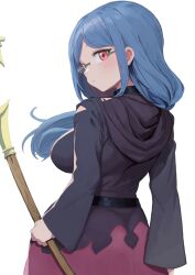 Rule 34 | 1girl, blue hair, breasts, broom, domdom, glasses, holding, holding broom, hooded robe, large breasts, little witch academia, long hair, red eyes, robe, solo, ursula callistis