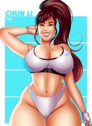 Rule 34 | 1girl, adidas, alternate costume, breasts, brown eyes, brown hair, capcom, chun-li, cleavage, curvy, female focus, gloves, grin, highres, huge breasts, jassycoco, long hair, looking at viewer, muscular, navel, ponytail, smile, solo, sporty, street fighter, thick lips, thick thighs, thighs, toned, wide hips