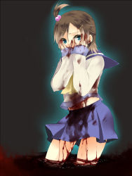 Rule 34 | 1girl, bleeding, blood, blood on face, blood on clothes, blood on hands, blue eyes, brown hair, corpse party, covering face, hair bobbles, hair ornament, hairclip, hairpin, hands on own face, injury, minori minoharu, mmino, pool of blood, school uniform, short hair, solo, suzumoto mayu, tears