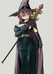 Rule 34 | 1girl, breasts, brown cape, brown hat, cape, cape grab, cleavage, dress, elbow gloves, fantasy, female focus, frown, glasses, gloves, goblin slayer!, green dress, green eyes, grey background, hat, hozo, large breasts, red hair, short hair, solo, staff, witch hat, wizard (goblin slayer!)