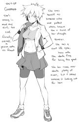 Rule 34 | 1girl, bandaid, bandaid on cheek, bandaid on face, character name, character profile, closed mouth, commentary, english commentary, english text, ge-b, greyscale, highres, holding, holding clothes, monochrome, navel, open clothes, open shirt, original, shoes, shorts, shorts under skirt, skirt, smile, sneakers, solo, tomboy