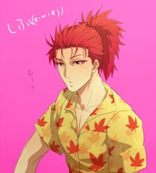 Rule 34 | 10s, 1boy, aoimio, casual, eyeliner, fate/extra, fate (series), leaf, leaf print, li shuwen (fate), li shuwen (young) (fate), makeup, male focus, maple leaf, ponytail, red eyes, red hair, solo