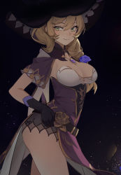 Rule 34 | 1girl, absurdres, ass, black gloves, blonde hair, breasts, cleavage, closed mouth, collarbone, commentary request, cowboy shot, dress, flower, from side, genshin impact, gloves, gold trim, green eyes, hair between eyes, hand on own hip, hat, highres, jewelry, large breasts, large hat, light particles, lisa (genshin impact), long hair, looking away, necklace, nuanpapa, purple dress, purple flower, purple rose, rose, short sleeves, shrug (clothing), sidelocks, smile, solo, strapless, strapless dress, thighs, v-shaped eyebrows, wide sleeves, yellow flower, yellow rose