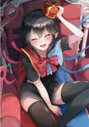 Rule 34 | 1girl, :d, absurdres, adjusting clothes, adjusting headwear, asymmetrical wings, black dress, black hair, black thighhighs, blush, bow, bowtie, breasts, cape, chair, crown, dress, dress tug, embellished costume, happy, hat, highres, houjuu nue, igayan, looking at viewer, medium breasts, navel, one eye closed, open mouth, parted lips, pointy ears, red bow, red bowtie, red eyes, scan, short dress, short sleeves, sitting, smile, solo, thighhighs, touhou, water, wings, zettai ryouiki