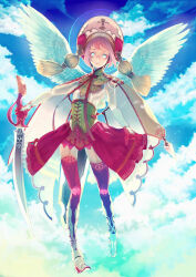 Rule 34 | 1girl, android, angel, angel wings, blue eyes, blue sky, boots, cape, cloud, fasna, fleur-de-lis, flying, garter straps, gloves, gradient sky, green sky, halo, hat tassel, holding, holding sword, holding weapon, looking at viewer, original, pink hair, pink headwear, red gloves, red skirt, red thighhighs, short hair, skirt, sky, solo, staring, sword, tassel, thighhighs, weapon, white cape, wings, yellow corset