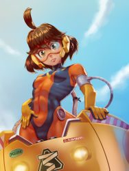 Rule 34 | 1girl, absurdres, ahoge, arms (game), blue sky, bodysuit, brown hair, cameltoe, covered erect nipples, covered navel, day, gloves, goggles, highres, kikino, looking at viewer, looking down, mecha, mechanica (arms), nintendo, pilot suit, robot, short hair, skin tight, sky, solo