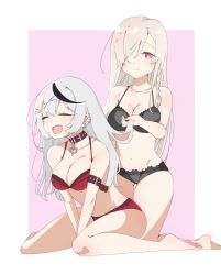 Rule 34 | 2girls, black bra, black panties, blonde hair, blush, bra, braid, breasts, cleavage, collar, commentary, commission, creator connection, earrings, fang, g36c (girls&#039; frontline), girls&#039; frontline, grey hair, griffin &amp; kryuger, hair ornament, hair over one eye, highres, hololive, holox, jewelry, kneeling, large breasts, long hair, multicolored hair, multiple girls, open mouth, panties, red bra, red eyes, red panties, sakamata chloe, side braid, simple background, sirakamisumire, sitting, skeb commission, smile, stomach, streaked hair, underwear, underwear only, very long hair, virtual youtuber, wariza, x hair ornament