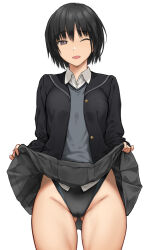Rule 34 | 1girl, ;d, amagami, black eyes, black hair, black one-piece swimsuit, blush, bob cut, breasts, cameltoe, clothes lift, commentary request, competition swimsuit, cowboy shot, gluteal fold, highres, jacket, kibito high school uniform, long sleeves, looking at viewer, medium breasts, nanasaki ai, one-piece swimsuit, one eye closed, open mouth, school uniform, serizawa (serizawaroom), shirt, short hair, simple background, skirt, skirt lift, smile, solo, swimsuit, swimsuit under clothes, thighs