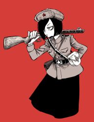 Rule 34 | 1girl, annoyed, bag, belt, black hair, black skirt, cigarette, coat, commentary request, communism, fur hat, gloves, gun, hair over one eye, hammer and sickle, hand on own hip, hat, highres, holding, holding gun, holding weapon, long sleeves, looking to the side, medium hair, military uniform, monochrome, original, red background, red theme, rifle, shi (yotsuhaka), skirt, solo, soviet, standing, uniform, weapon, white gloves