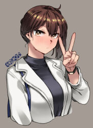 Rule 34 | 1girl, artist logo, artist name, black shirt, blush, brown eyes, brown hair, closed mouth, coat, cropped arms, cropped torso, ergot, fingernails, grey background, hair between eyes, jewelry, kaga (kancolle), kantai collection, long hair, long sleeves, looking at viewer, open clothes, open coat, ring, shirt, side ponytail, simple background, solo, upper body, v, wedding ring, white coat