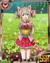 Rule 34 | 10s, 1girl, alternate costume, animal ears, bow, brown eyes, brown hair, card (medium), cat ears, cat tail, food, fruit, holding, layered skirt, looking at viewer, matching hair/eyes, open mouth, red bow, red skirt, short hair, silica, silica (sao-alo), skirt, solo, sword art online, tail, tail bow, tail ornament